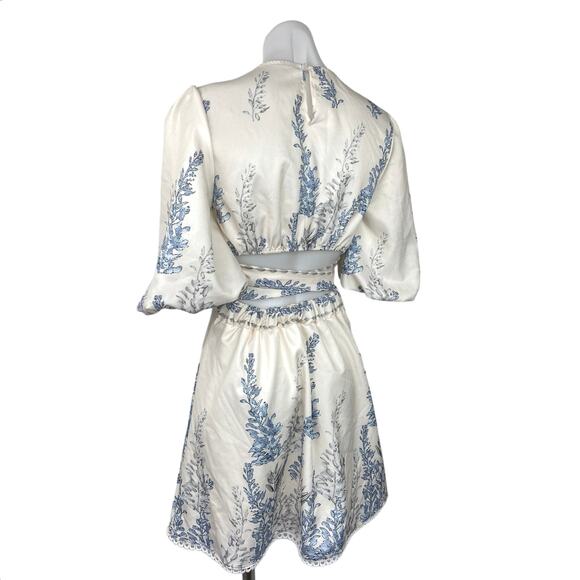 Shein White Plants Print Cut Out Tie Back Lantern Sleeve Boho A Line Dress Sz S - Picture 5 of 8